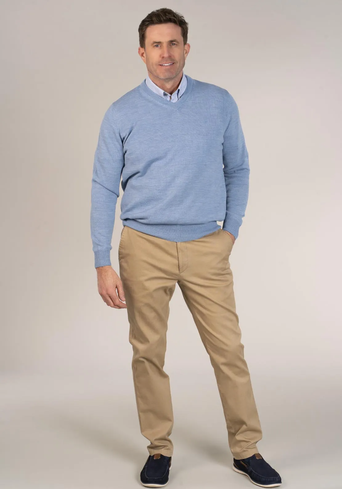50/50 Fine Merino Wool & Acrylic V-Neck Knit - Baby Blue