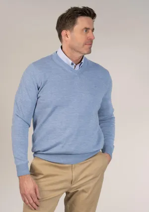 50/50 Fine Merino Wool & Acrylic V-Neck Knit - Baby Blue