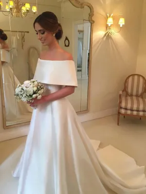 A-line Off the Shoulder Satin Cheap Simple Bridal Wedding Dresses, TYP1213