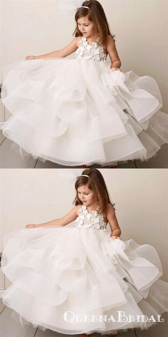 A-Line Round Neck Tiered White Organza Flower Girl Dresses with Lace Applique, QB0076