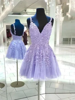 A Line V Neck Purple 2024 Homecoming Dress Cheap Lace Short Graduation Dress