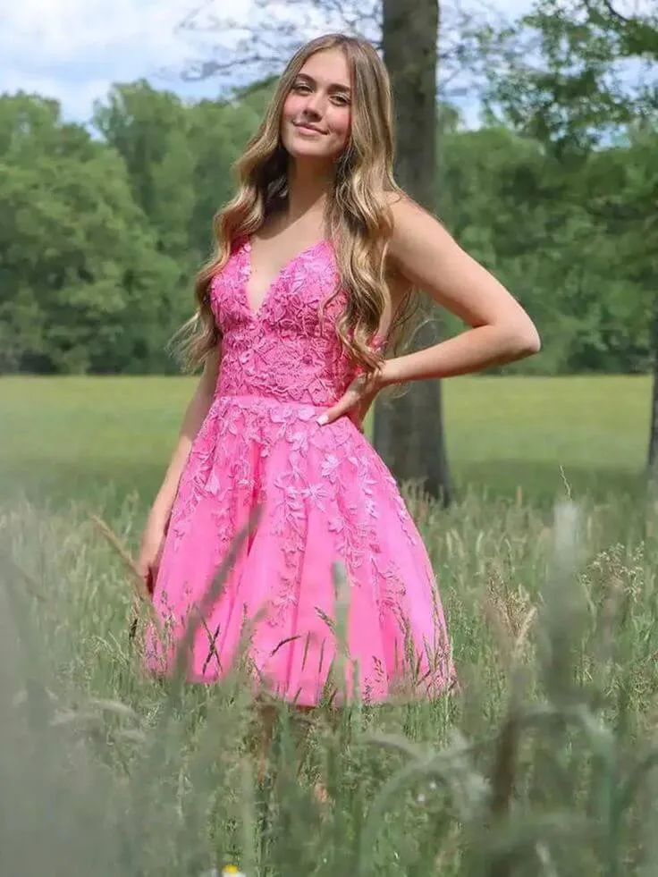 A Line V Neck Purple 2024 Homecoming Dress Cheap Lace Short Graduation Dress