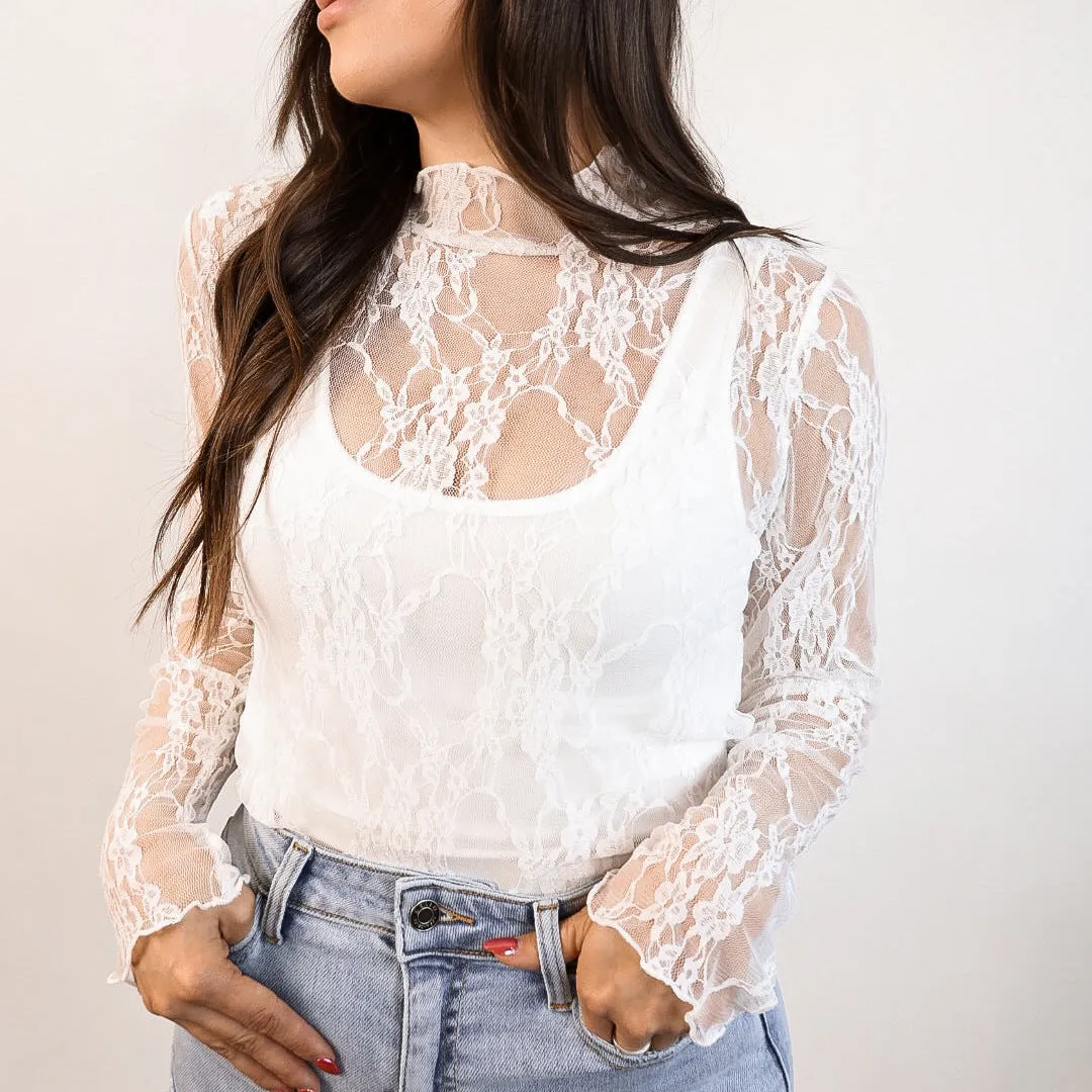 Alluring See-Through Mesh Lace Long-Sleeved Top