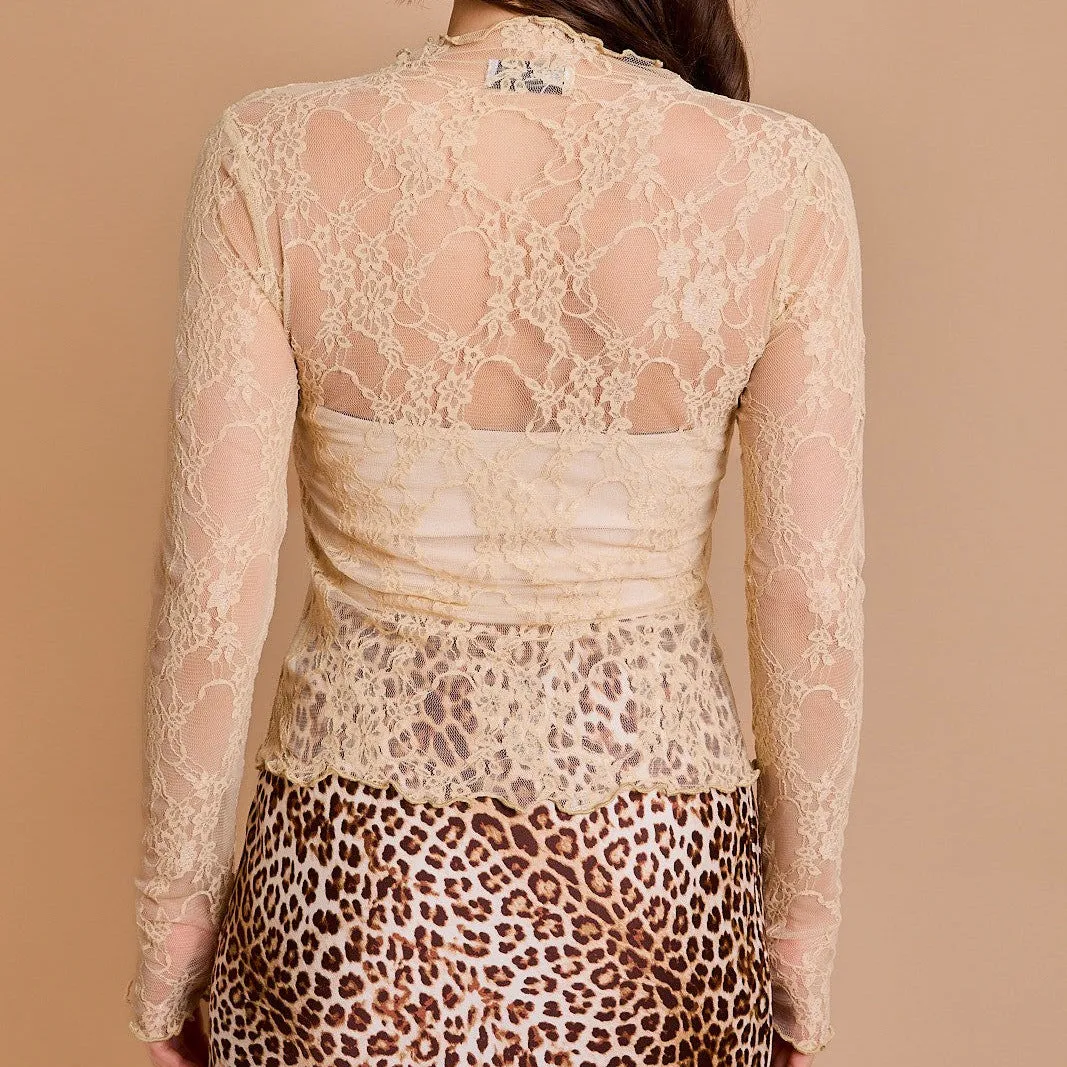 Alluring See-Through Mesh Lace Long-Sleeved Top