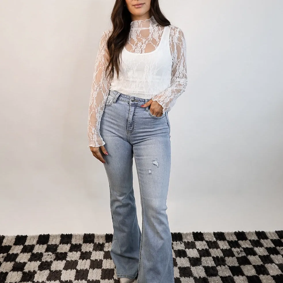 Alluring See-Through Mesh Lace Long-Sleeved Top