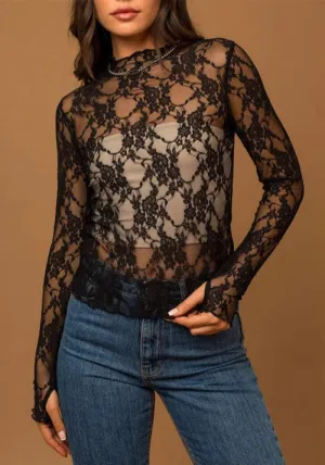Alluring See-Through Mesh Lace Long-Sleeved Top