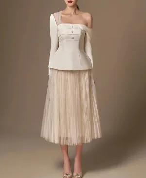 Angelica 2 Pcs Set Skew Collar Long Tops  & High Waist Mesh Skirt Suit