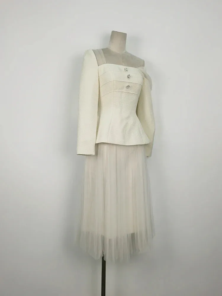 Angelica 2 Pcs Set Skew Collar Long Tops  & High Waist Mesh Skirt Suit