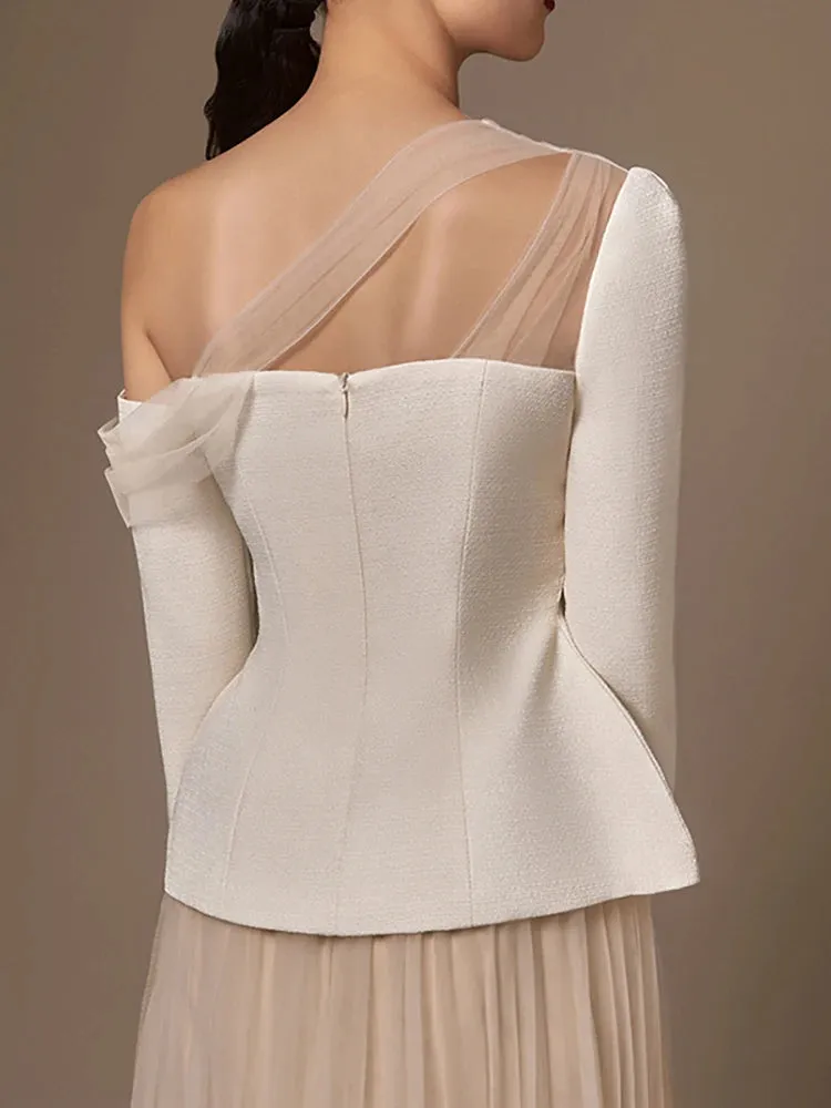 Angelica 2 Pcs Set Skew Collar Long Tops  & High Waist Mesh Skirt Suit