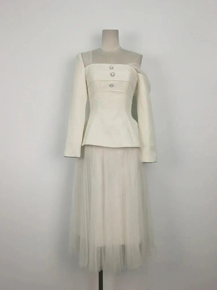 Angelica 2 Pcs Set Skew Collar Long Tops  & High Waist Mesh Skirt Suit