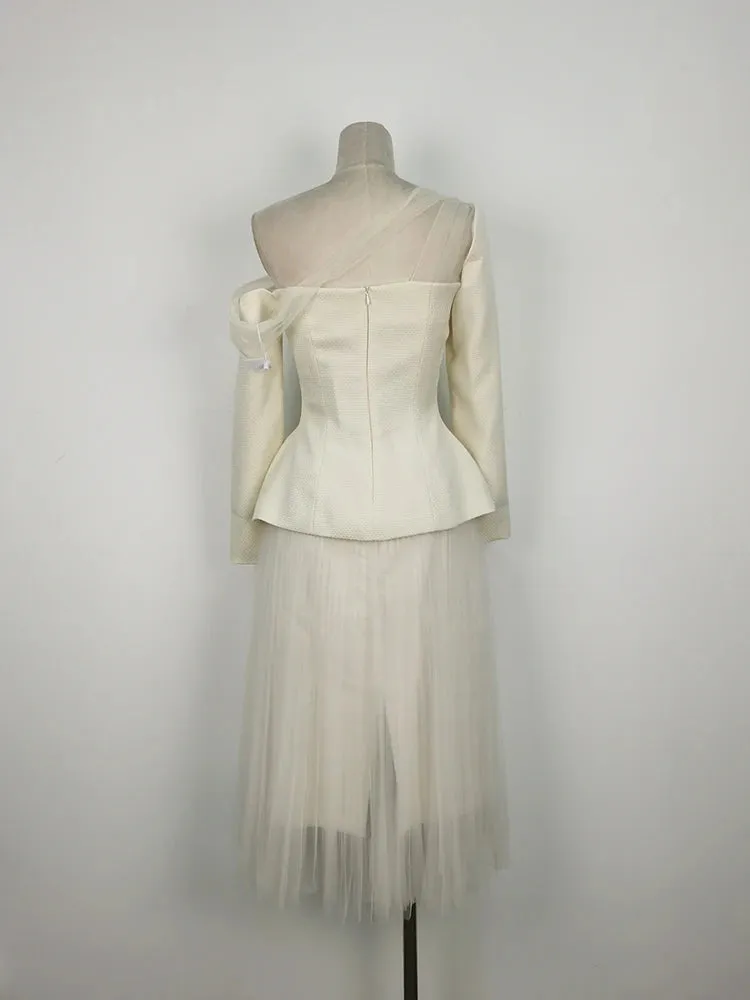 Angelica 2 Pcs Set Skew Collar Long Tops  & High Waist Mesh Skirt Suit