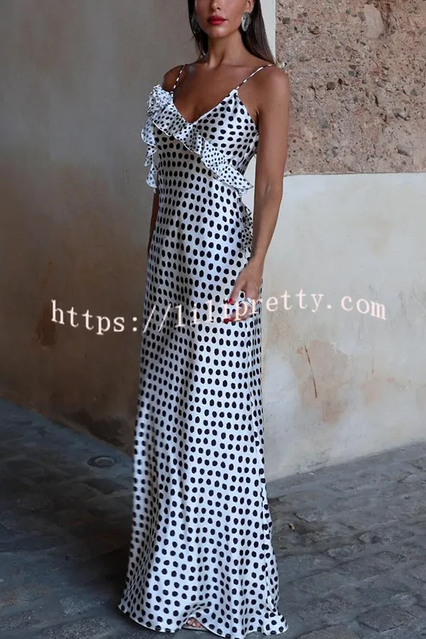 Another Dream Satin Poka Dot Print Raised Flower Design Ruffle Slip Maxi Dress
