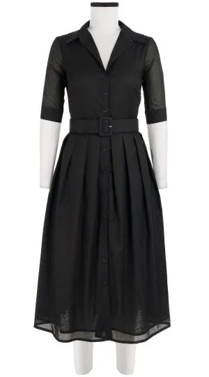 Audrey Dress #1 Shirt Collar 1/2 Sleeve Midi Length Cotton Musola_Solid_Black
