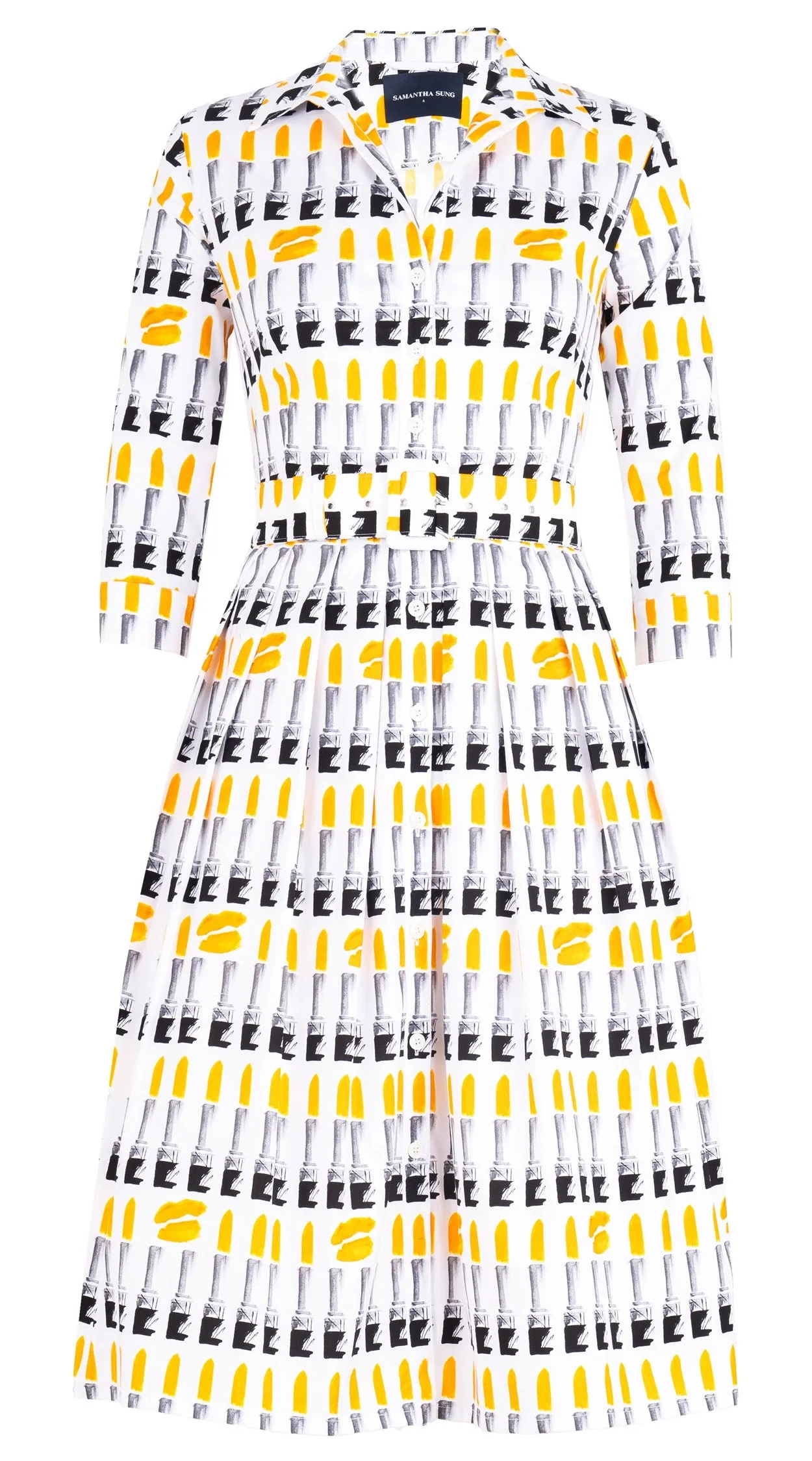 Audrey Dress #1 Shirt Collar 3/4 Sleeve Long Length Cotton Stretch (Lipstic Rouge White)