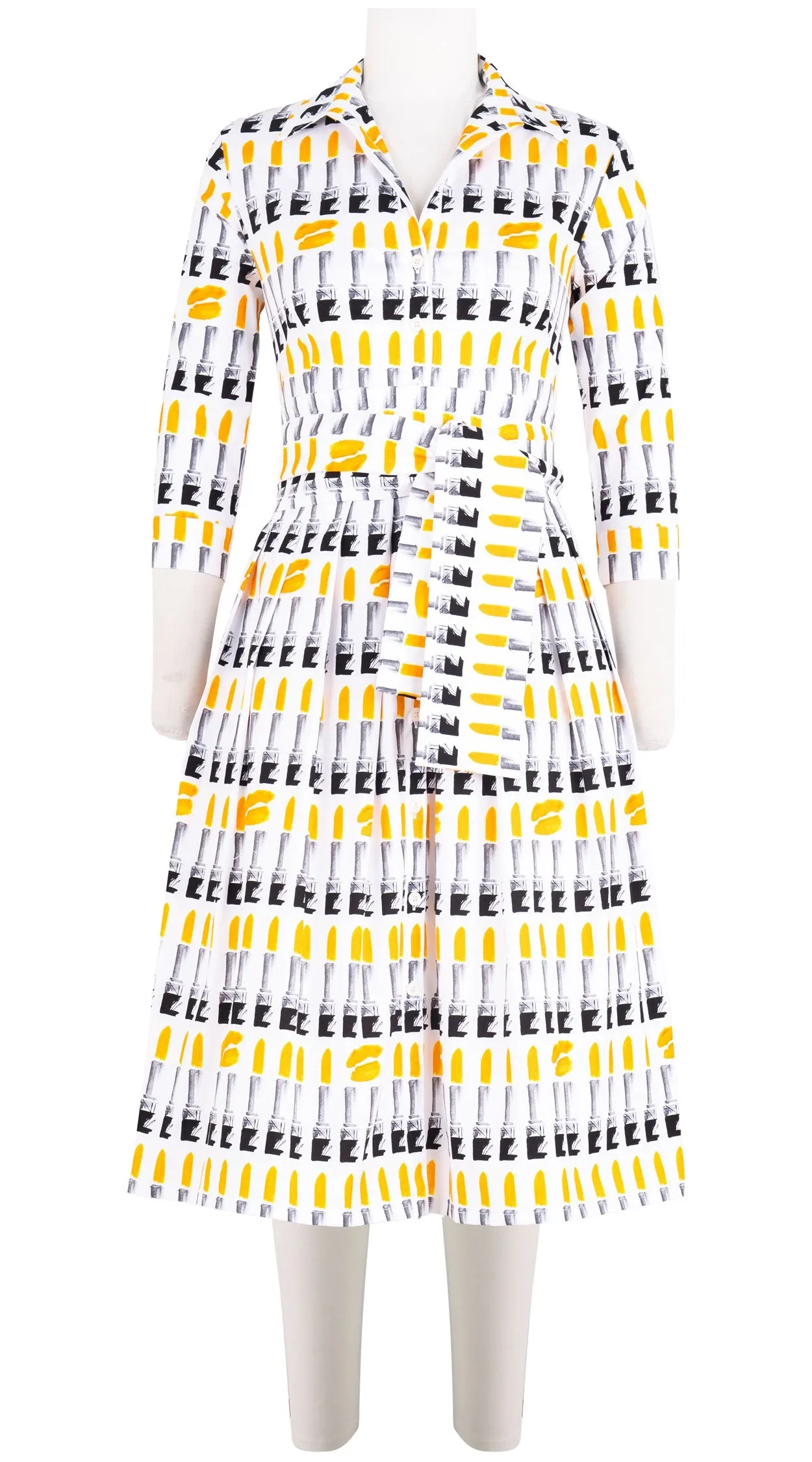Audrey Dress #1 Shirt Collar 3/4 Sleeve Long Length Cotton Stretch (Lipstic Rouge White)