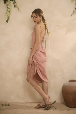 AVIGNON Backless Midi Dress with Assymetric Tie Skirt (Pink Linen)