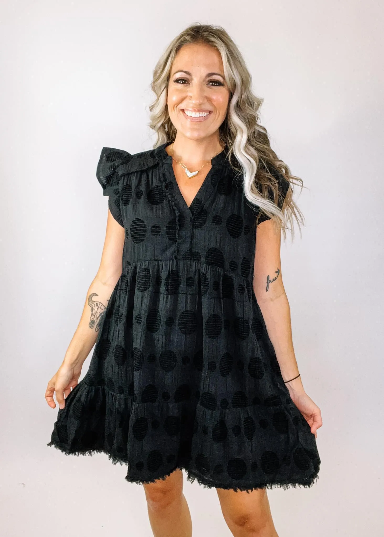 Black Jacquard Polk Dot Tiered Dress