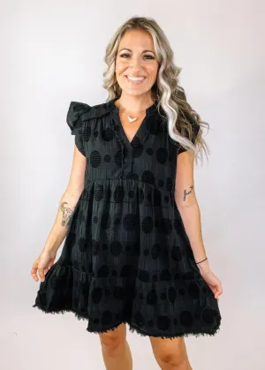 Black Jacquard Polk Dot Tiered Dress
