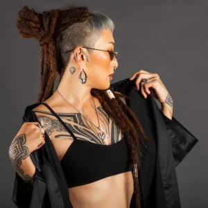 Black Satin Kimono Bio-Print