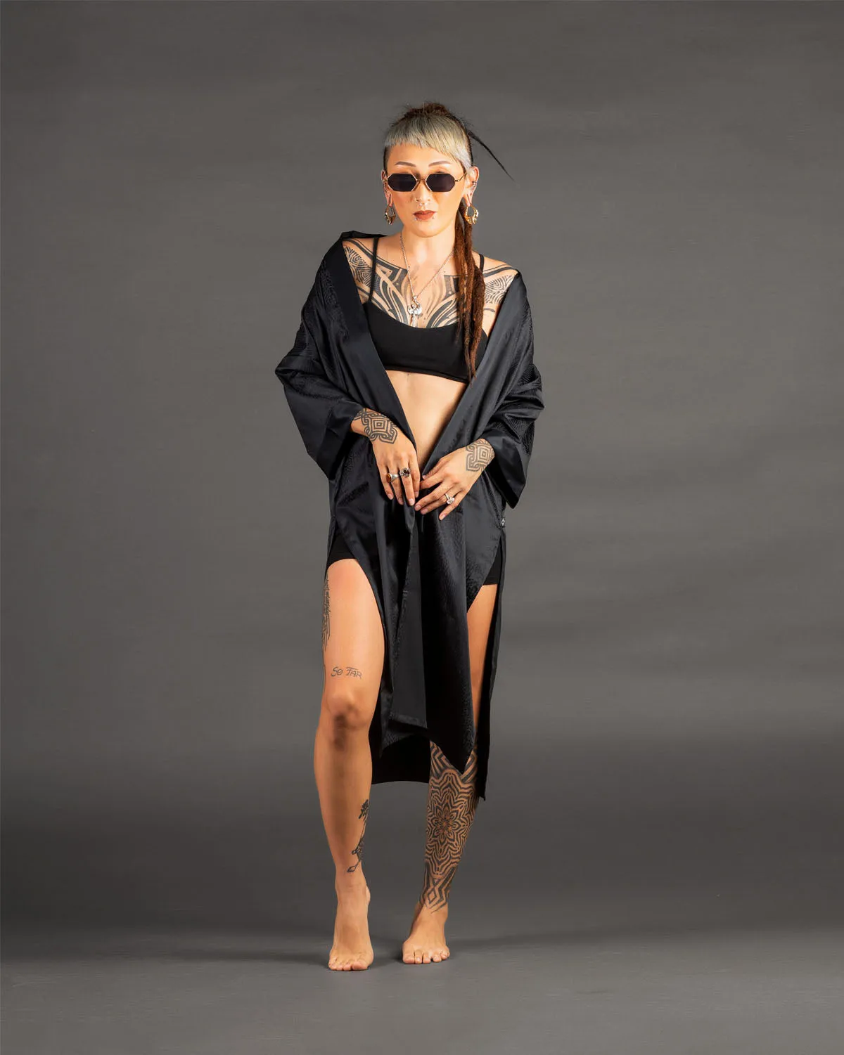 Black Satin Kimono Bio-Print