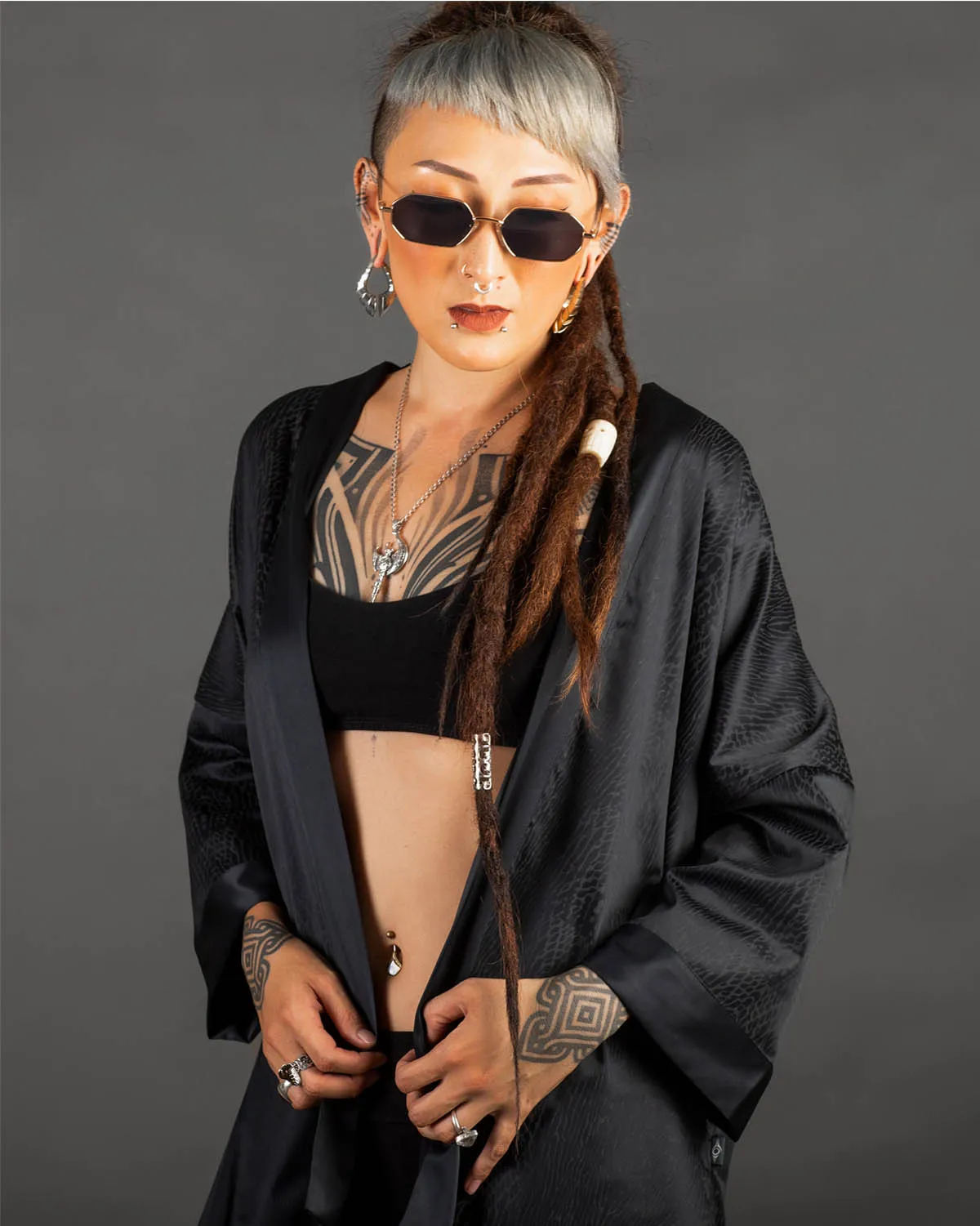Black Satin Kimono Bio-Print