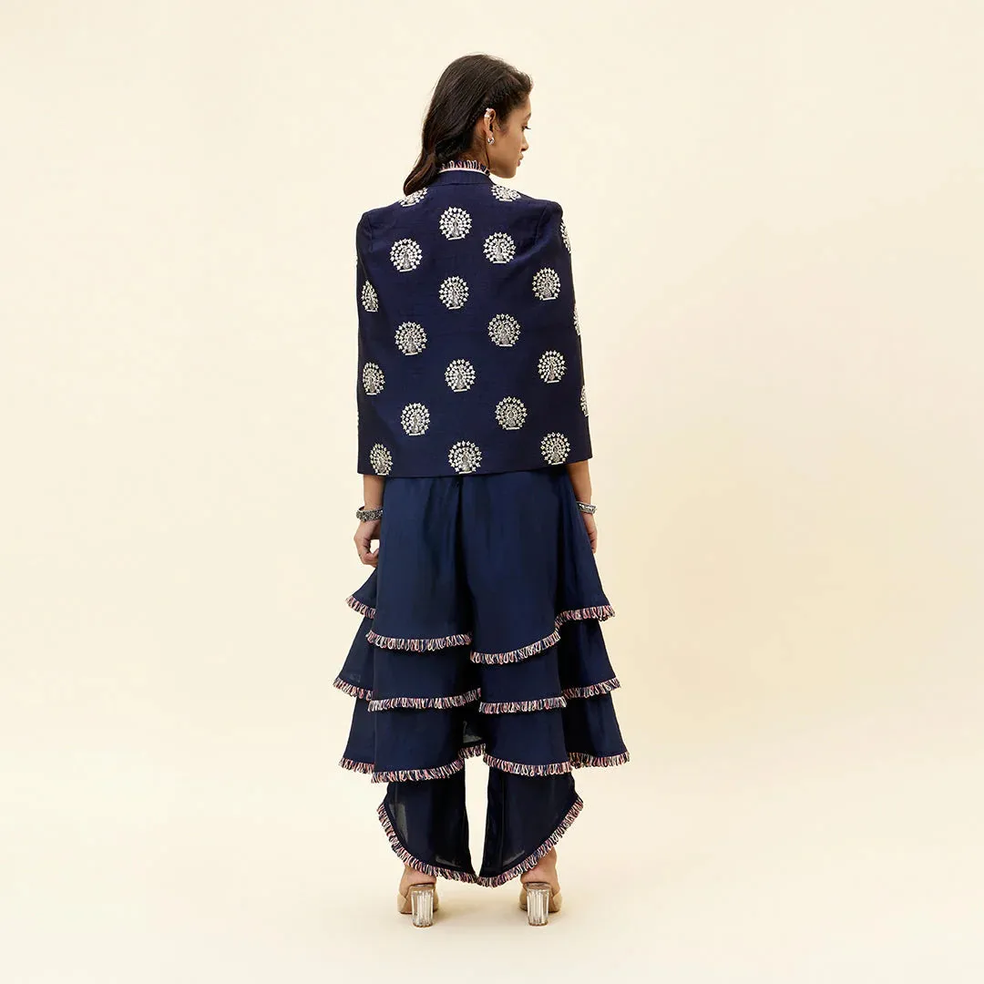 BLUE PEACOCK MOTIF NOOR JACKET WITH LAYERED JUMPSUIT