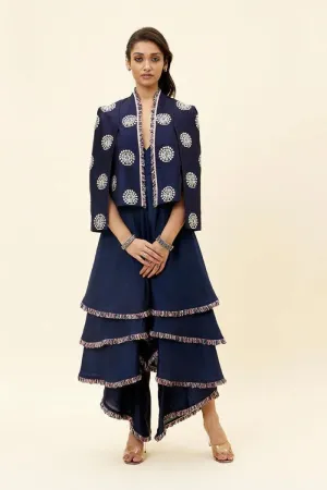 BLUE PEACOCK MOTIF NOOR JACKET WITH LAYERED JUMPSUIT
