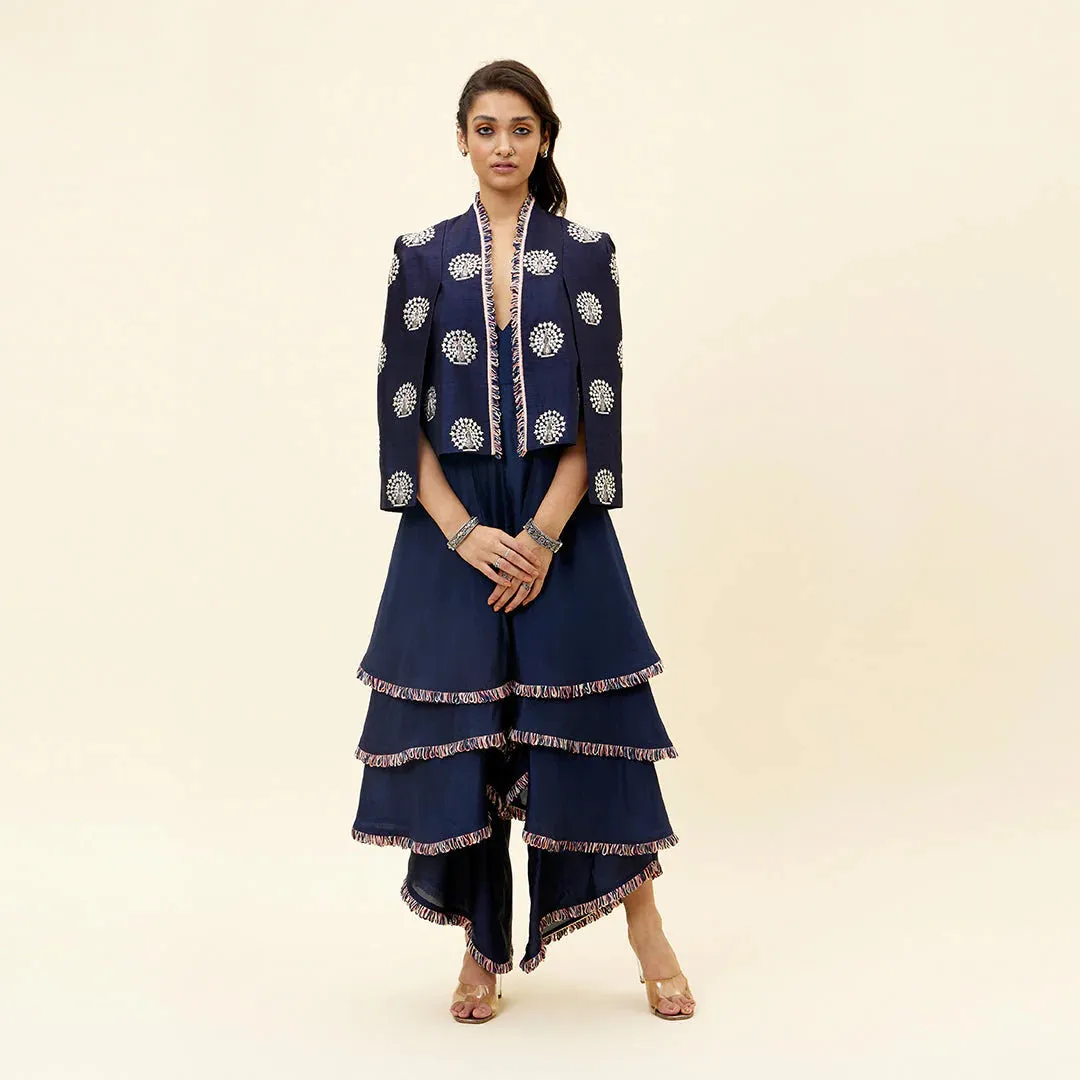 BLUE PEACOCK MOTIF NOOR JACKET WITH LAYERED JUMPSUIT