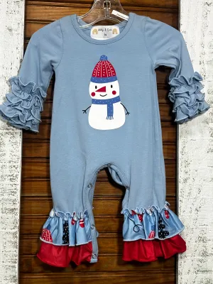 Blue Snowman Ruffled Romper