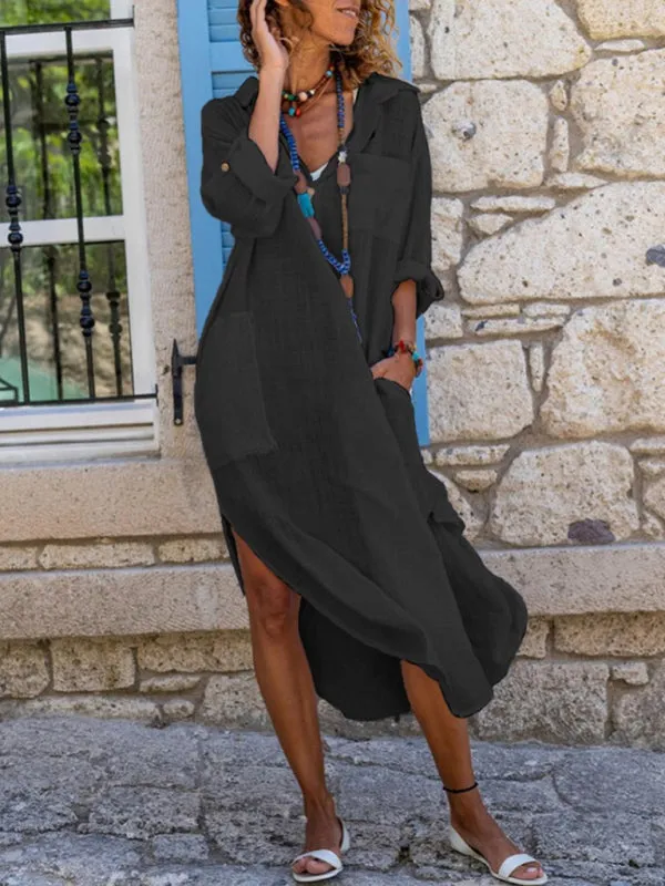 Buttoned Long Shirt Dress with Side Slit and Pockets