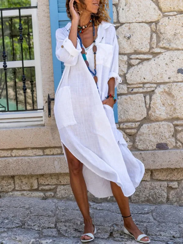 Buttoned Long Shirt Dress with Side Slit and Pockets