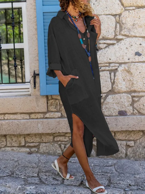 Buttoned Long Shirt Dress with Side Slit and Pockets