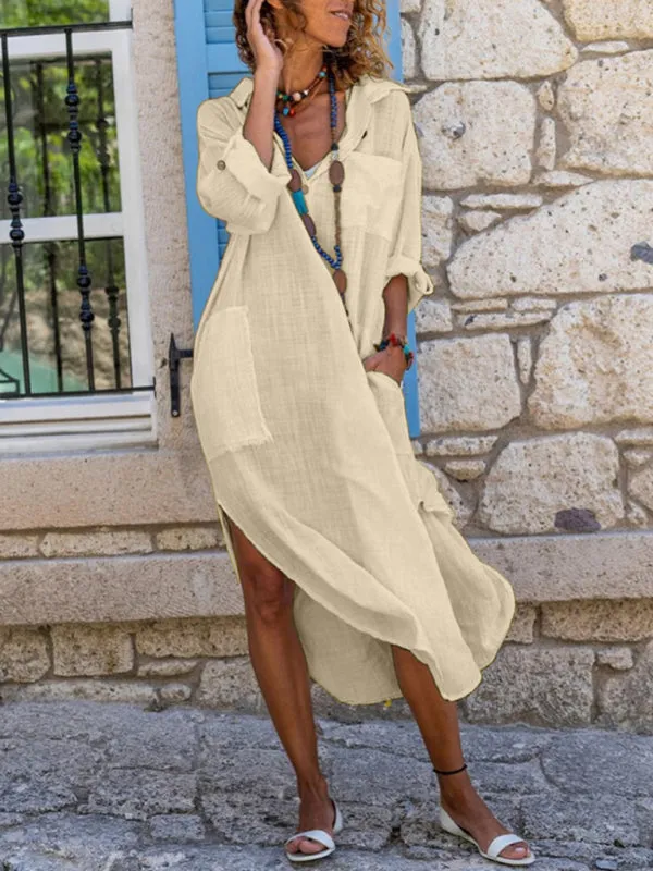 Buttoned Long Shirt Dress with Side Slit and Pockets