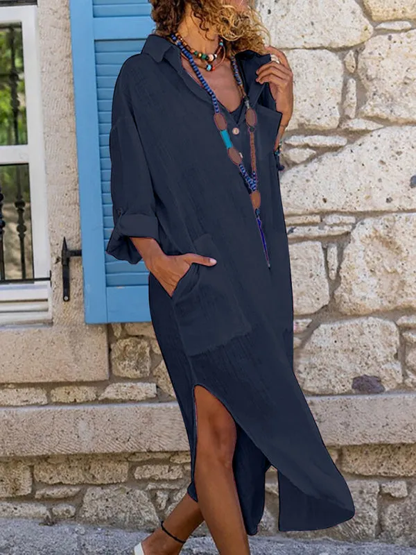 Buttoned Long Shirt Dress with Side Slit and Pockets
