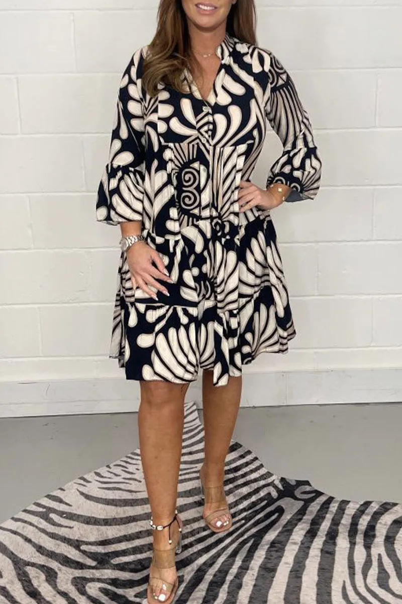 Casual Striped Print Patchwork V Neck A Line Dresses