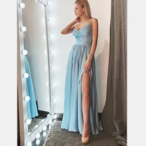 Charming Cheap A-Line Spaghetti Straps Blue Prom Party Dresses with Appliques, PD1224