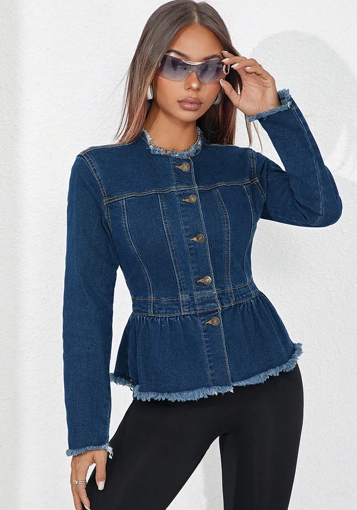 Chic Frayed Hem Slim-Fit Denim Short Jacket