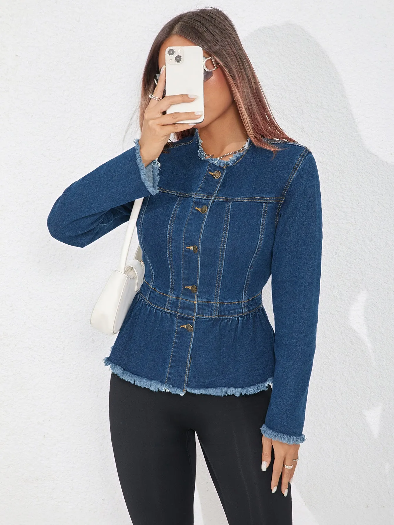 Chic Frayed Hem Slim-Fit Denim Short Jacket