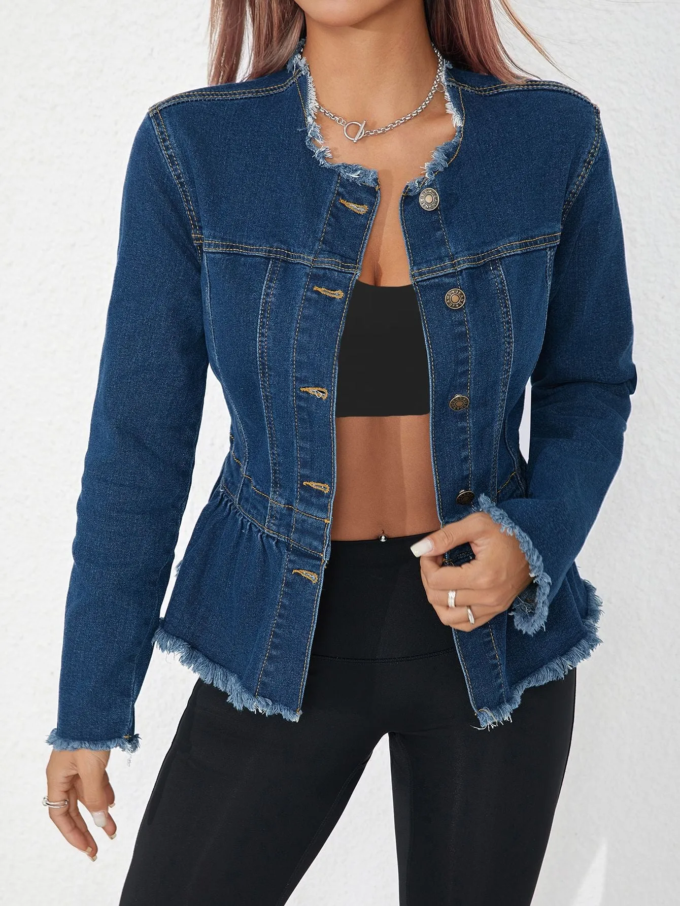 Chic Frayed Hem Slim-Fit Denim Short Jacket
