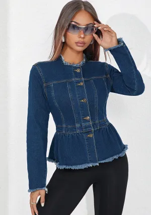 Chic Frayed Hem Slim-Fit Denim Short Jacket