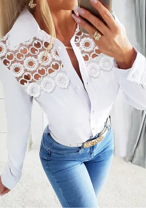 Chic Lace Patchwork Button-Up Shirt with Long Sleeves
