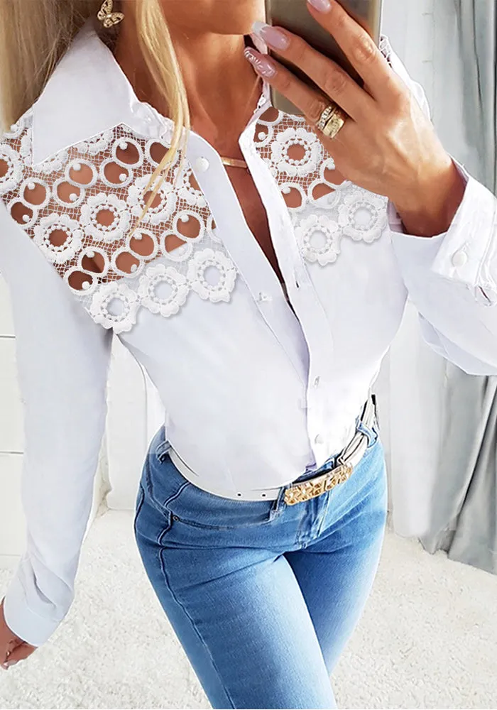 Chic Lace Patchwork Button-Up Shirt with Long Sleeves