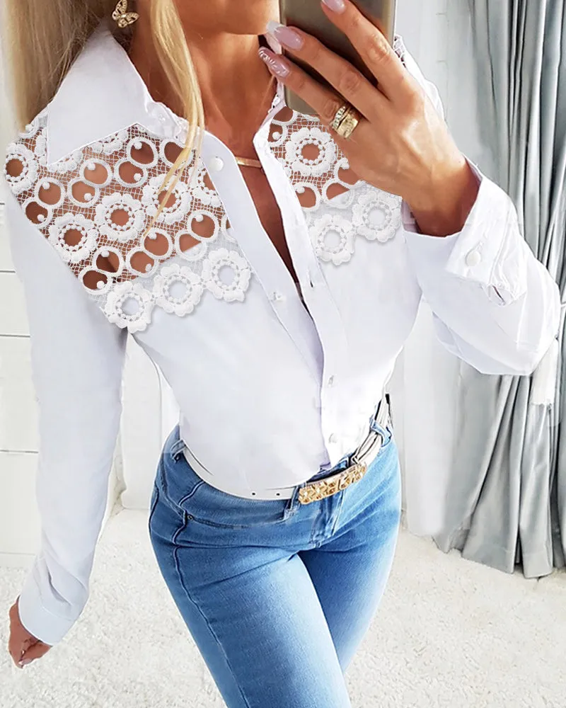 Chic Lace Patchwork Button-Up Shirt with Long Sleeves