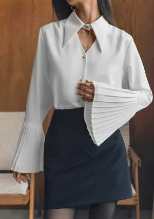 Chic Turndown Collar Pleated Sleeve Hollow Chiffon Shirt