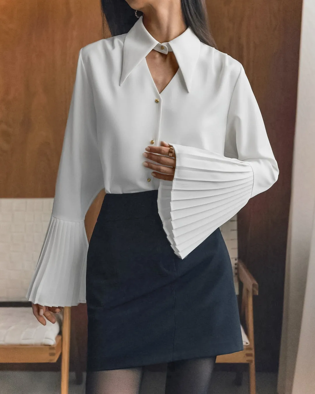 Chic Turndown Collar Pleated Sleeve Hollow Chiffon Shirt