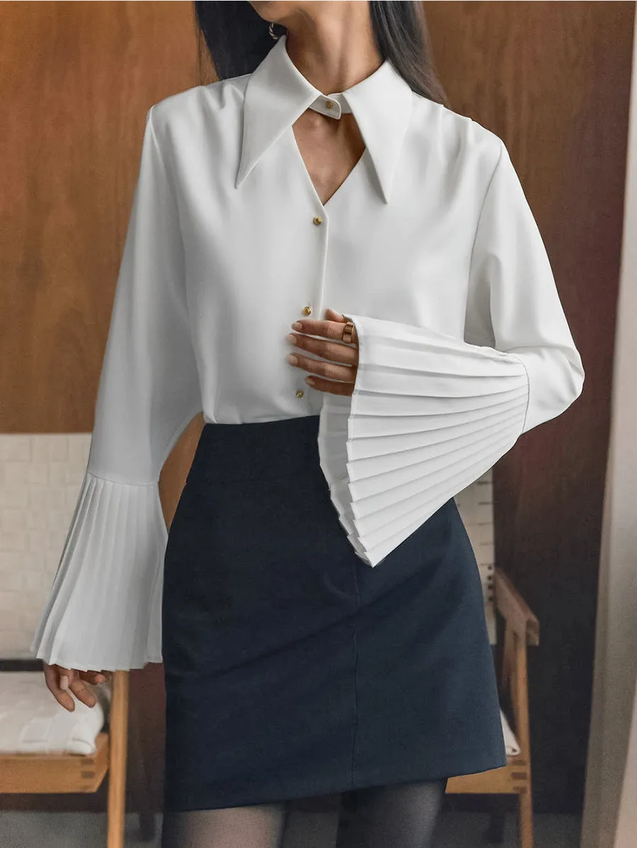 Chic Turndown Collar Pleated Sleeve Hollow Chiffon Shirt