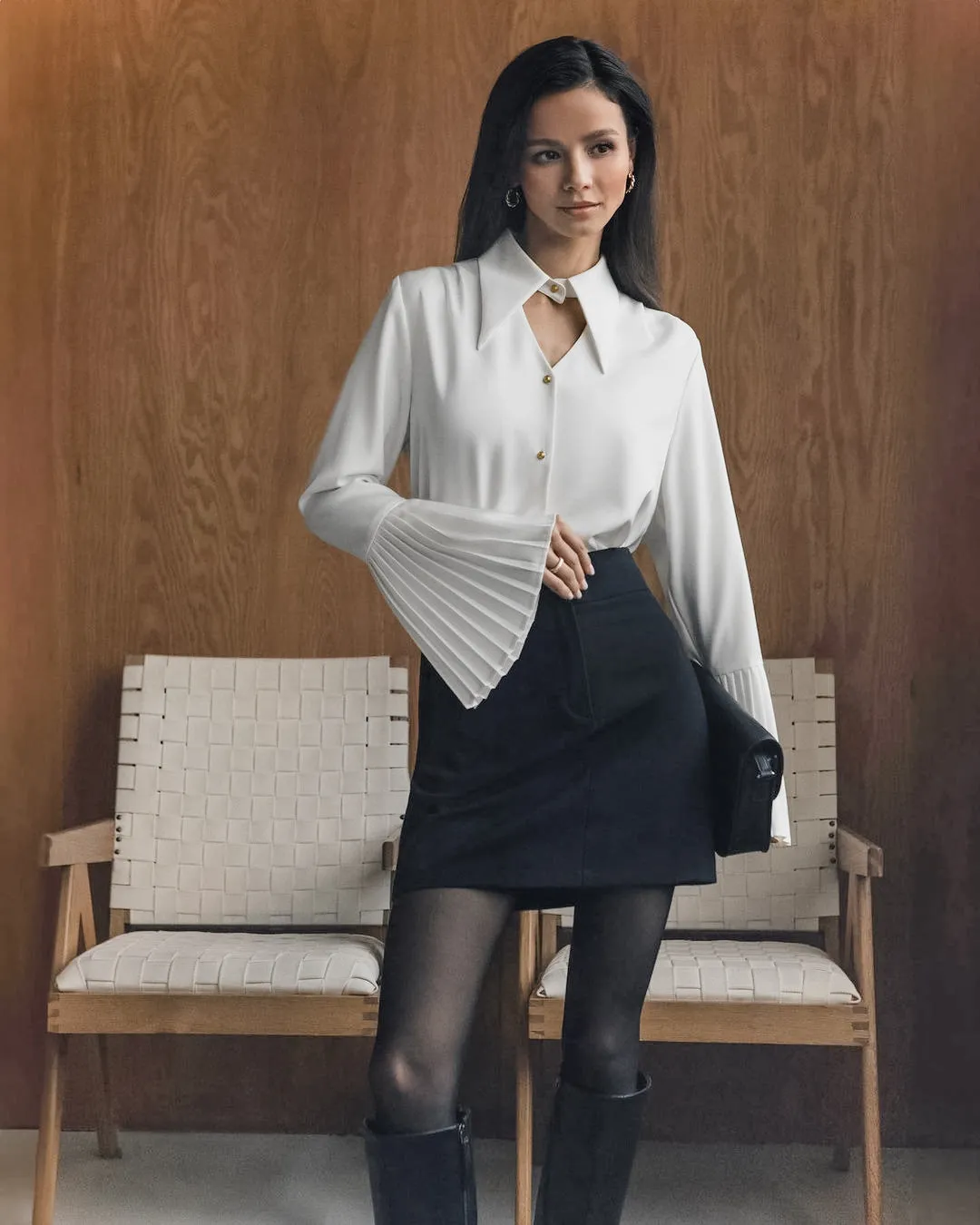 Chic Turndown Collar Pleated Sleeve Hollow Chiffon Shirt