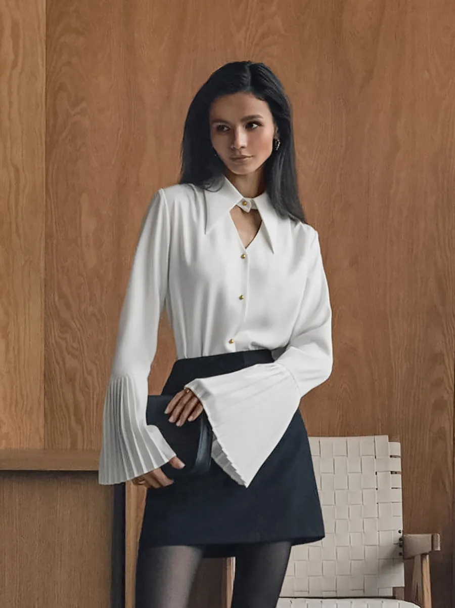 Chic Turndown Collar Pleated Sleeve Hollow Chiffon Shirt