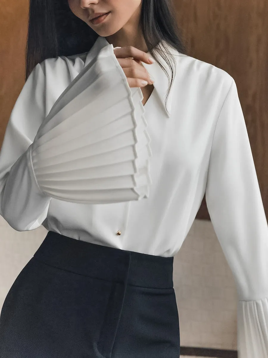 Chic Turndown Collar Pleated Sleeve Hollow Chiffon Shirt