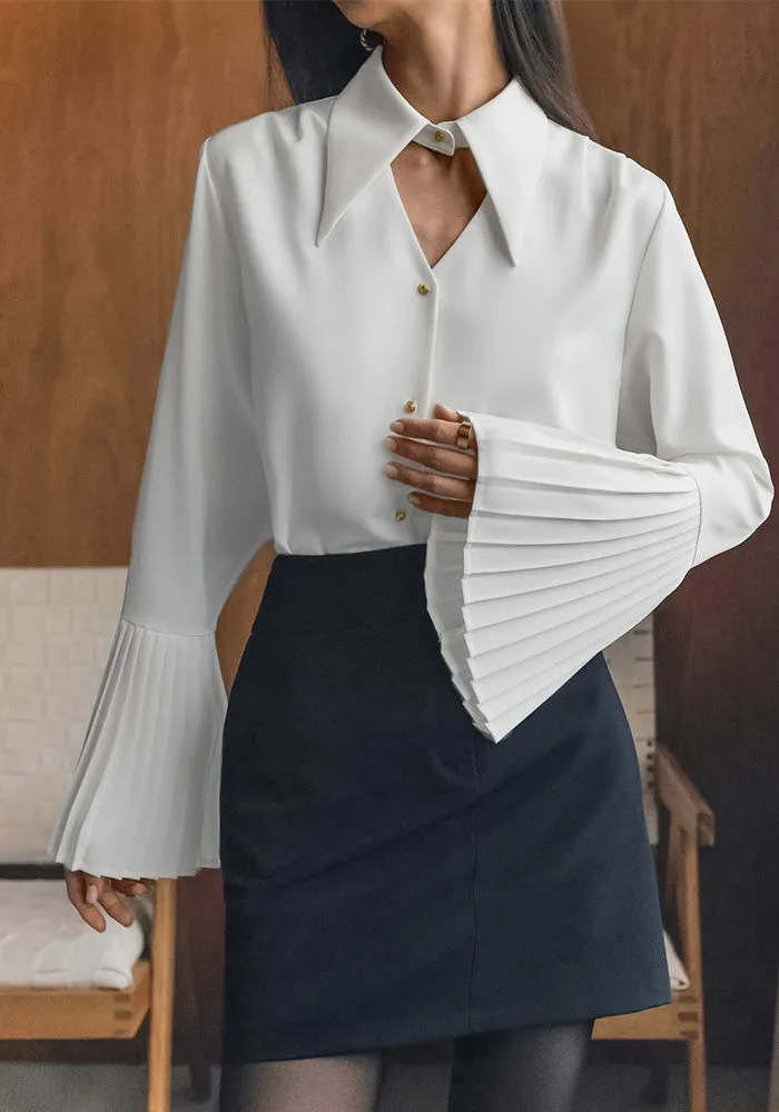 Chic Turndown Collar Pleated Sleeve Hollow Chiffon Shirt
